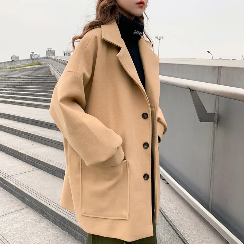 Korean Style Fashion Medium To Long Woolen Coat for Men Autumn Winter Solid Loose Casual Couple Windbreaker Y2k Streetwear