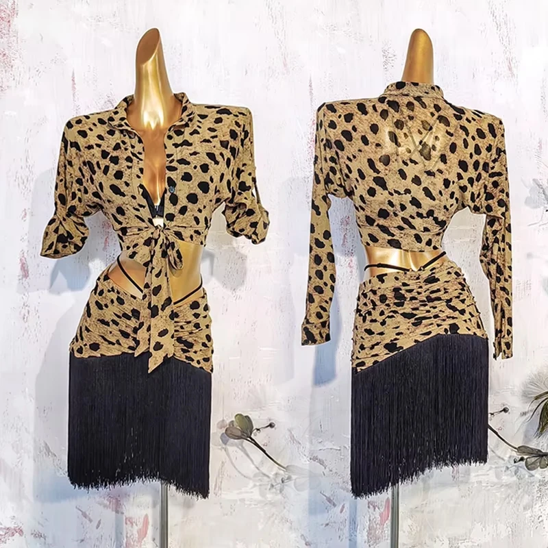 

Women Latin Dance Outfit Leopard Print Top Fringe Skirt Adult Samba Rumba Cha Cha Dancing Costume Adult Latin Training Wear 3531
