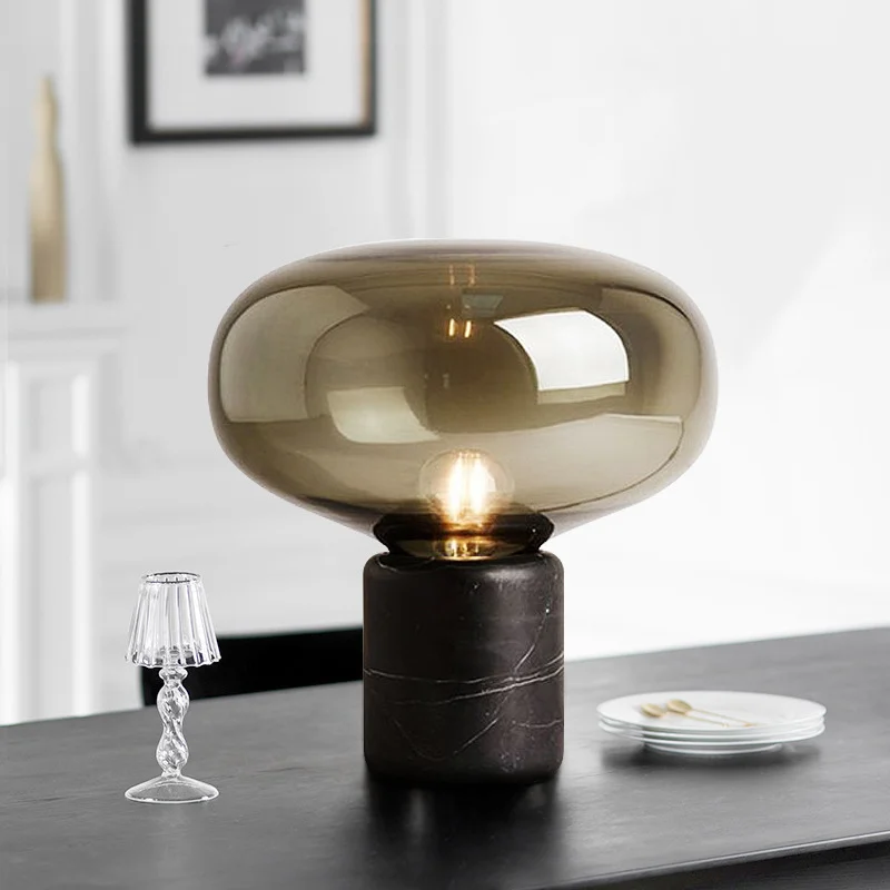Luxury Marble Table Lamp Modern Smoke Grey Glass Desk Light Postmodern Minimalist Design Bedroom Living Room Office Lighting