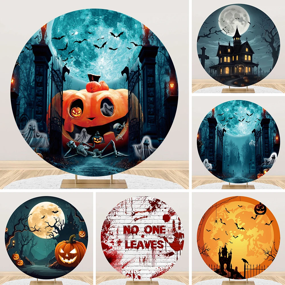 

Halloween Pumpkin Round Background Night Lights Castle Scary Theme Pumpkin Lights Photography Backdrop Home Party Decor Banner