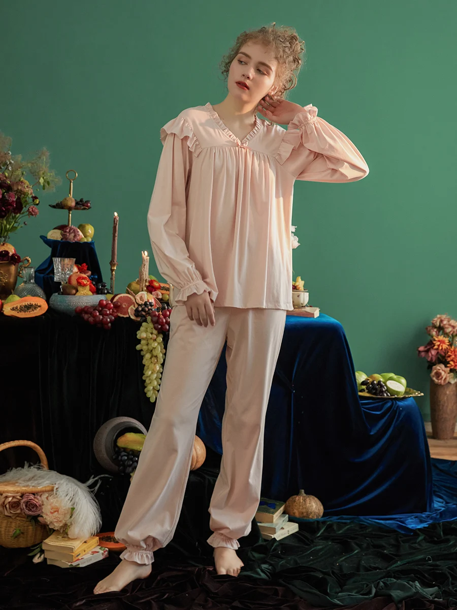 Vintage Soft Cotton Pajamas Set for Women Long Sleeve Delicate Loose Sweet Nightwear Spring Autumn Girls Fashion Nighty