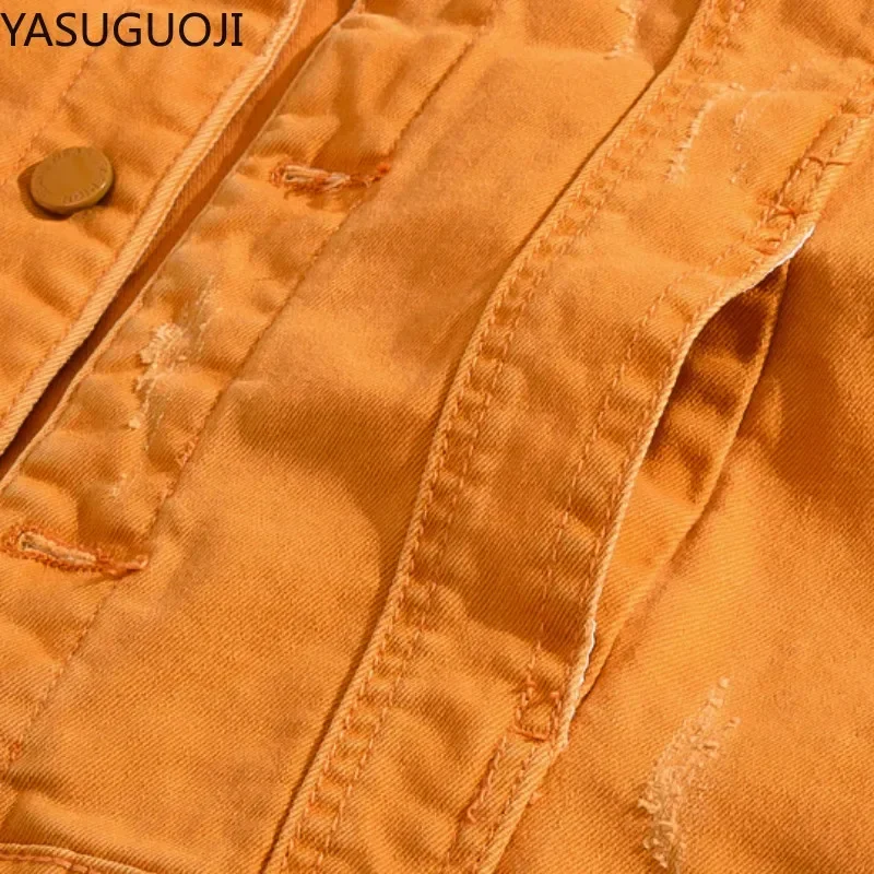 Streetwear Fashion Orange Slim Fit Ripped Stretch Denim Vest Men Fringe Holes Distressed Sleeveless Jeans Jacket Men's Waistcoat view 3