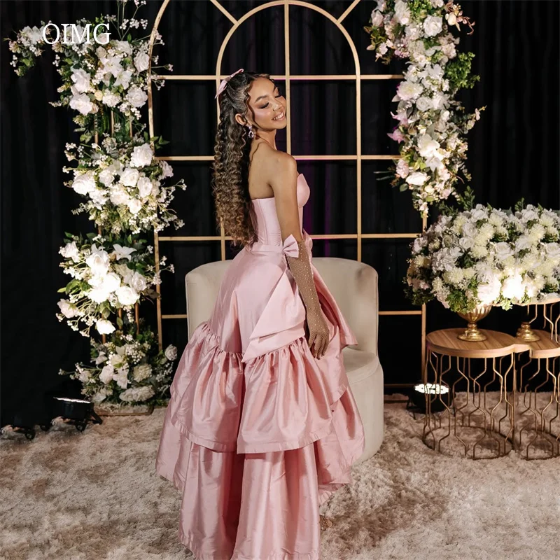 

OIMG Modern Pink Sweetheart Neck High/Low Prom Gowns Bow Ruffled Tiered Formal Party Gown Floor Length Evening Dress Customized