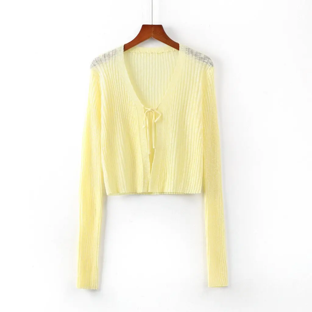 

Women's V-Neck Short Knitted Cardigan American Style Spring Lace-Up Thin Sunscreen Long-Sleeved Micro-Transparent Top