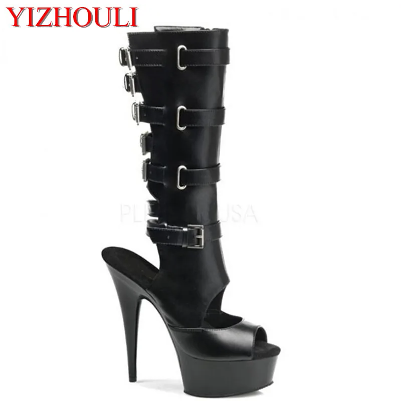 

Classics 15cm high heels boots sexy open toe summer boots 6 inch women's Knee High Platforms dance shoes