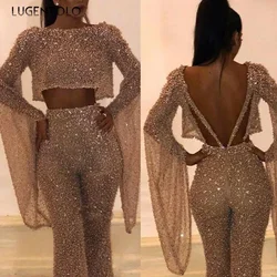 Women's Party Jumpsuit Fake Two Pieces Sexy Long Sleeve Backless High Waist Female Eleagnt Slim Jumpsuits