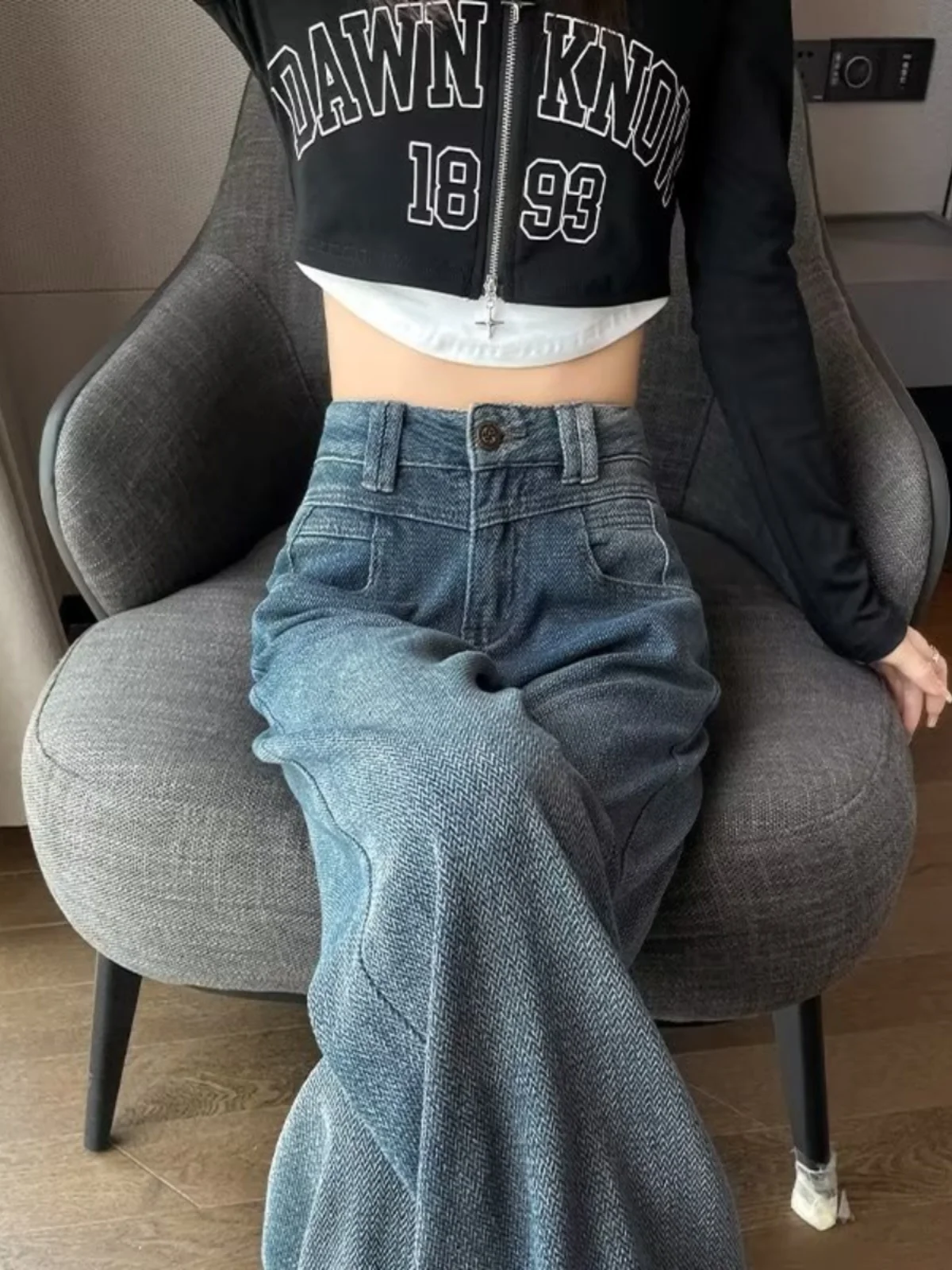 

American Sle High Waist Jeans Women Students Loose Wide Leg Pants Slim Straight Long Trousers Wear Resistant Denim