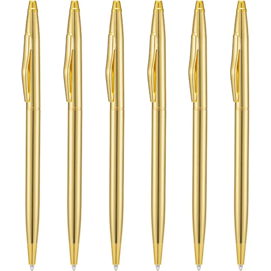 

6 Pieces Golden Slim Metal Ballpoint Pen 1mm Medium Point Black Ink Smooth Writing for Business Office Teacher Student Wedding