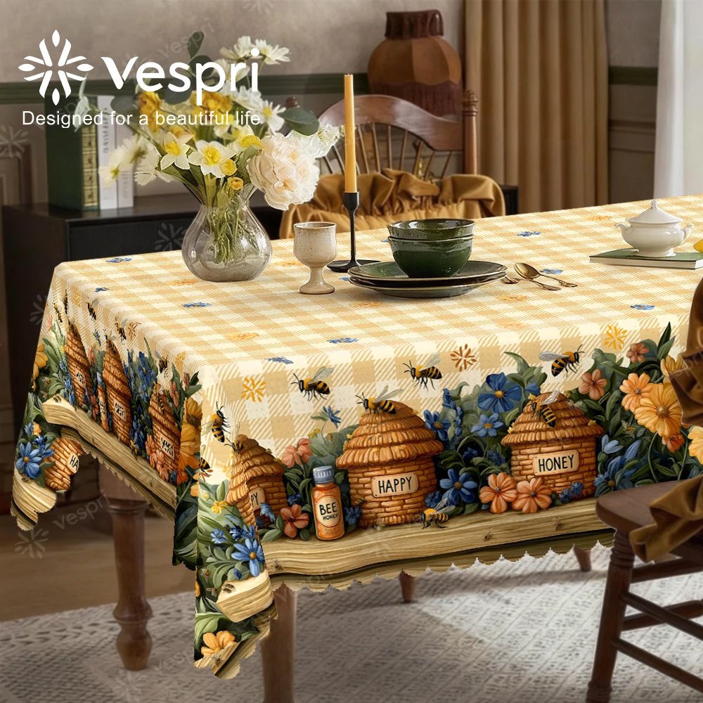 Vespri Frühlings-Blumen-Oster-Tischdecke Gelb-Weiß Waben-Bienen-Blumenmuster Runde Rechteckige Ovale Tischdecke für Feiern