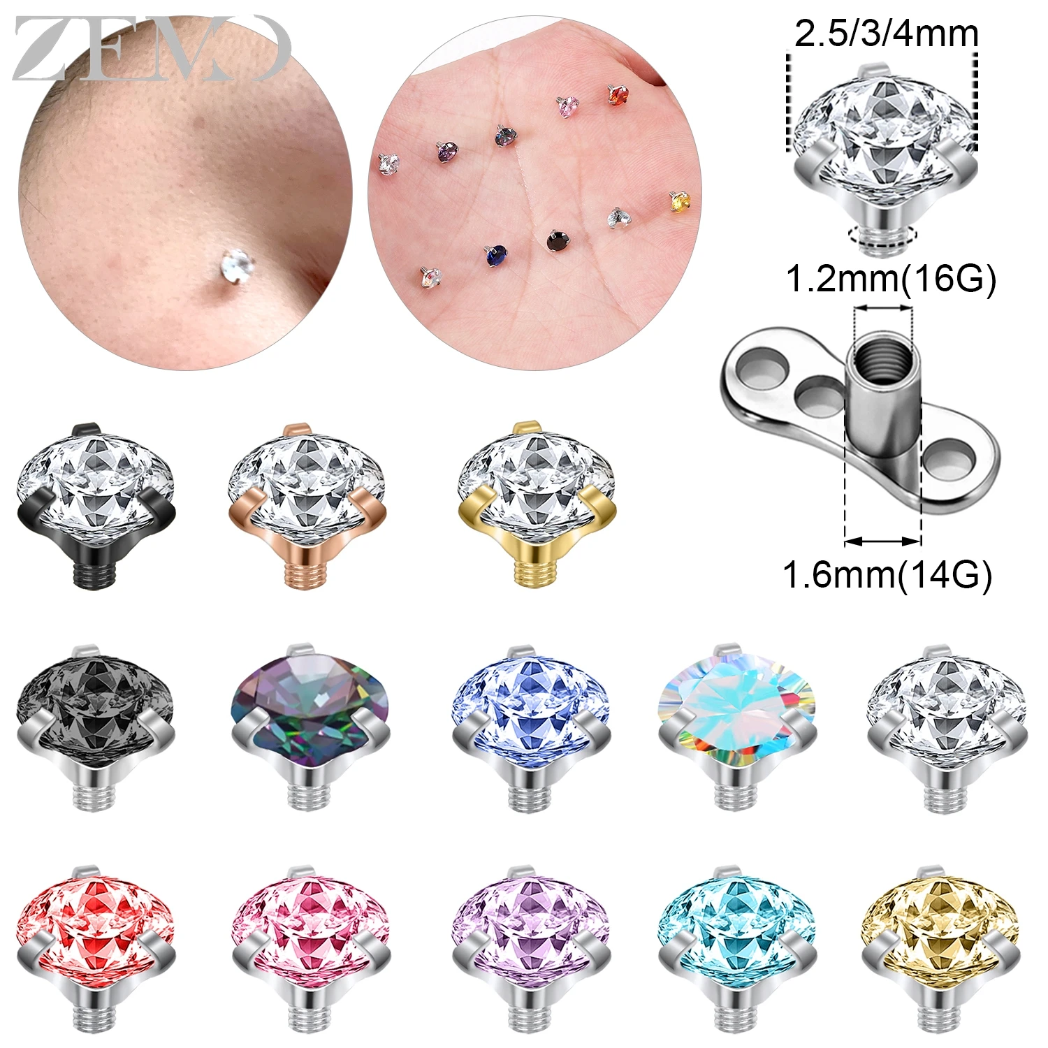 ZEMO 1 PC 16G Lovely Stainless Steel Dermal Anchor Tops Women CZ Crystal Micro Dermal Piercing Colorful Skin Surface Piercings