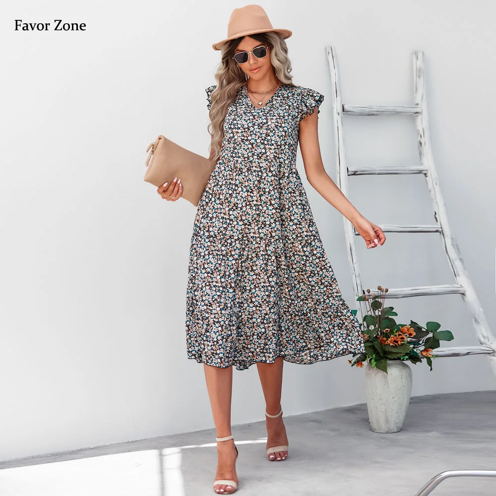 

Платье женское длинное с цветочным принтом, элегантное пляжное макси-платье в богемном стиле, свободное Повседневное платье с коротким рукавом, оборками и V-образным вырезом, лето 2022