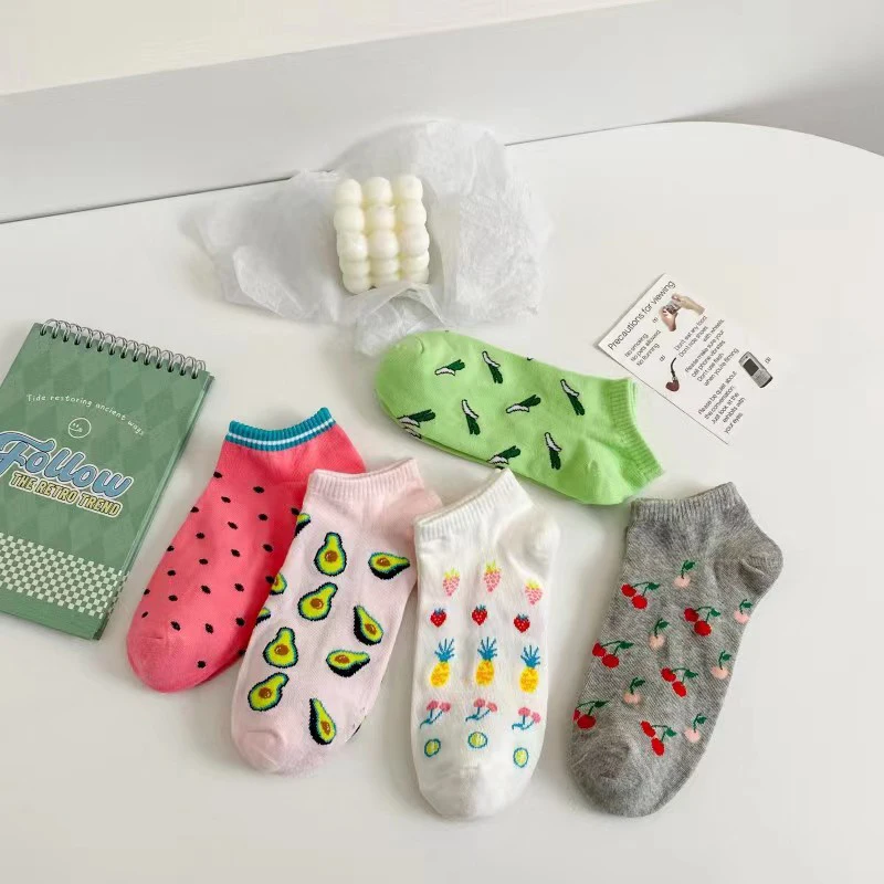 5 Pairs Womens Funny Socks Spring And Autumn Fruit Ankle Socks Avocado Lemon Strawberry Banana Harajuku Casual Short Socks 35-40