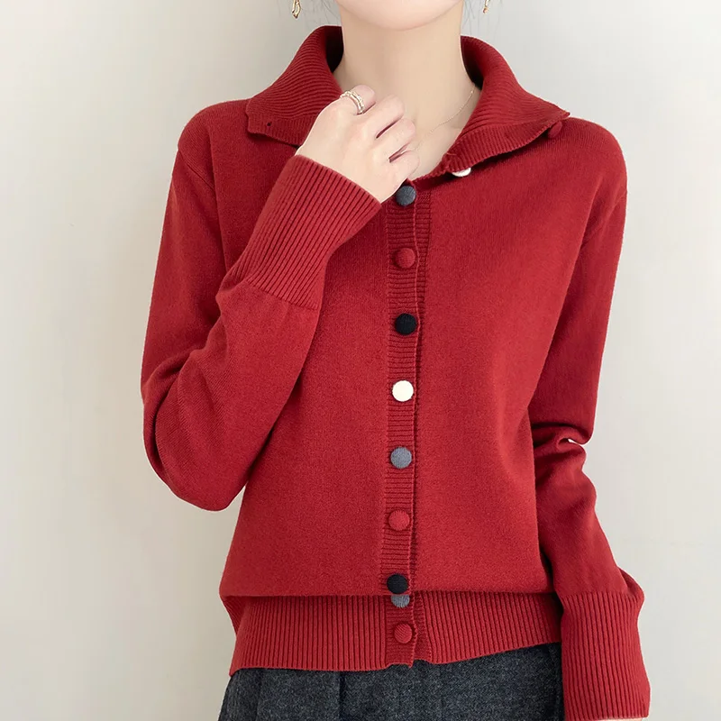 Autumn and winter new 100% pure wool retro women\'s stand collar knitted cardigan coat casual loose fashion bottoming shirt.