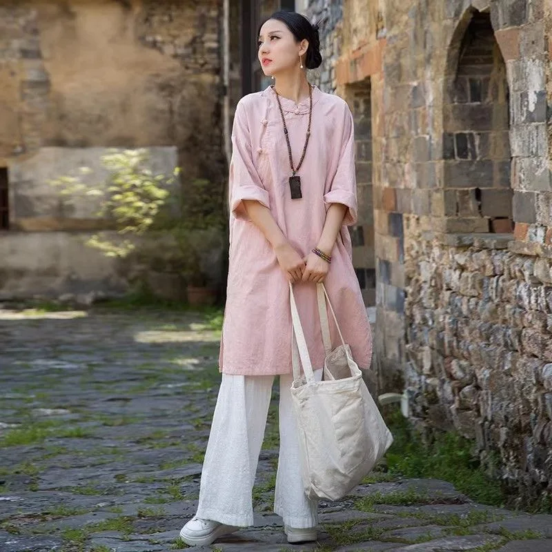New Chinese Style Cotton Linen Shirt Collar Long Sleeve Qipao Dress Women's Retro Button Modified Version Full Length Gown