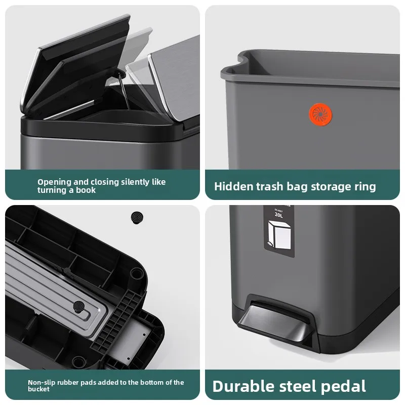 

Stainless Steel Trash Can for Kitchen Double Bucket Waste Basket Pedal Dustbin for Living Room High Capacity Wastepaper Basket
