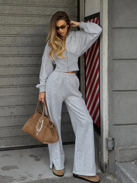 

American Retro Floral ey Waist-Cinching Long Sve Ribbed Knit Hoodie Split Straight Leg Pants Two-Piece Set Women