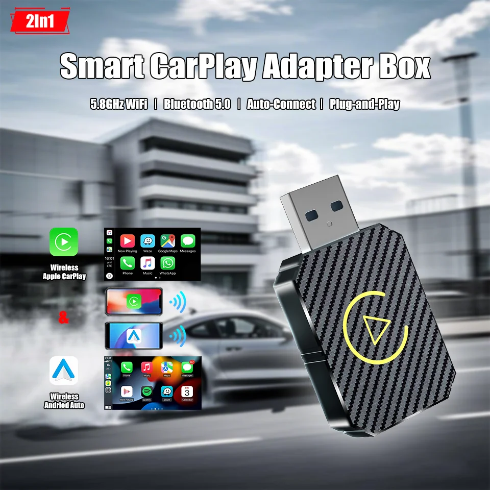 

New Wireless CarPlay Adapter Android Auto Dual System 5 8GHz WiFi Bluetooth 5.0 Plug Play Universal for Honda Toyota VW Ford