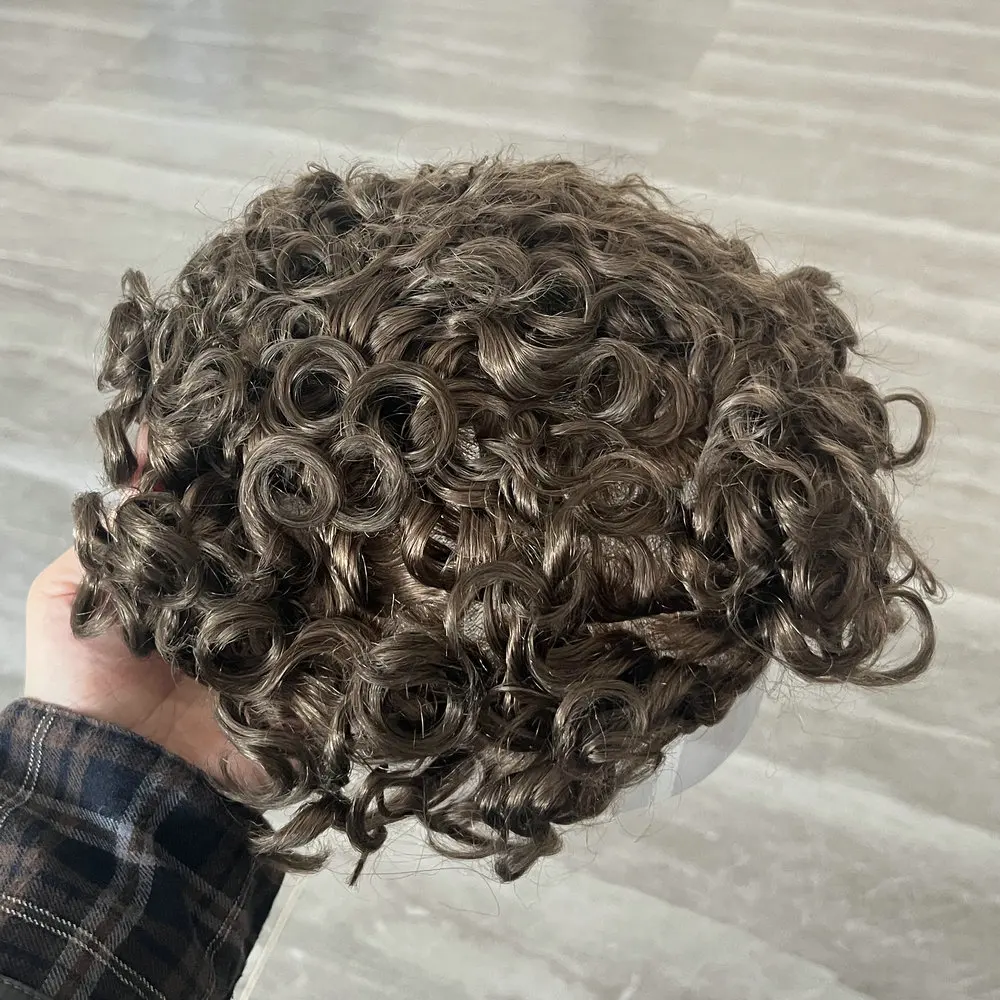 26mm Curly Men's Toupee 17# Dark Blonde 565# Gray Brown Human Hair Natural Hairline Capillary Prosthesis Durable Bond Mono Base