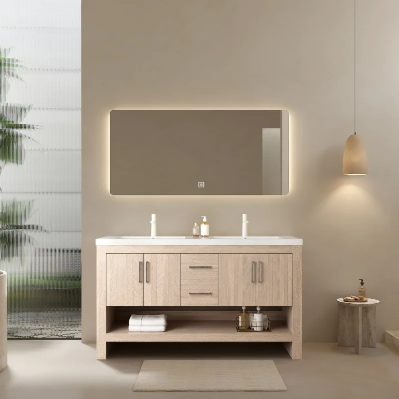 

LUCCI 60" Bathroom Vanity 2 Sinks Freestanding Plywood Storage Cabinet 2 Drawers 4 Doors an Open Shelf, White Acrylic Integrated