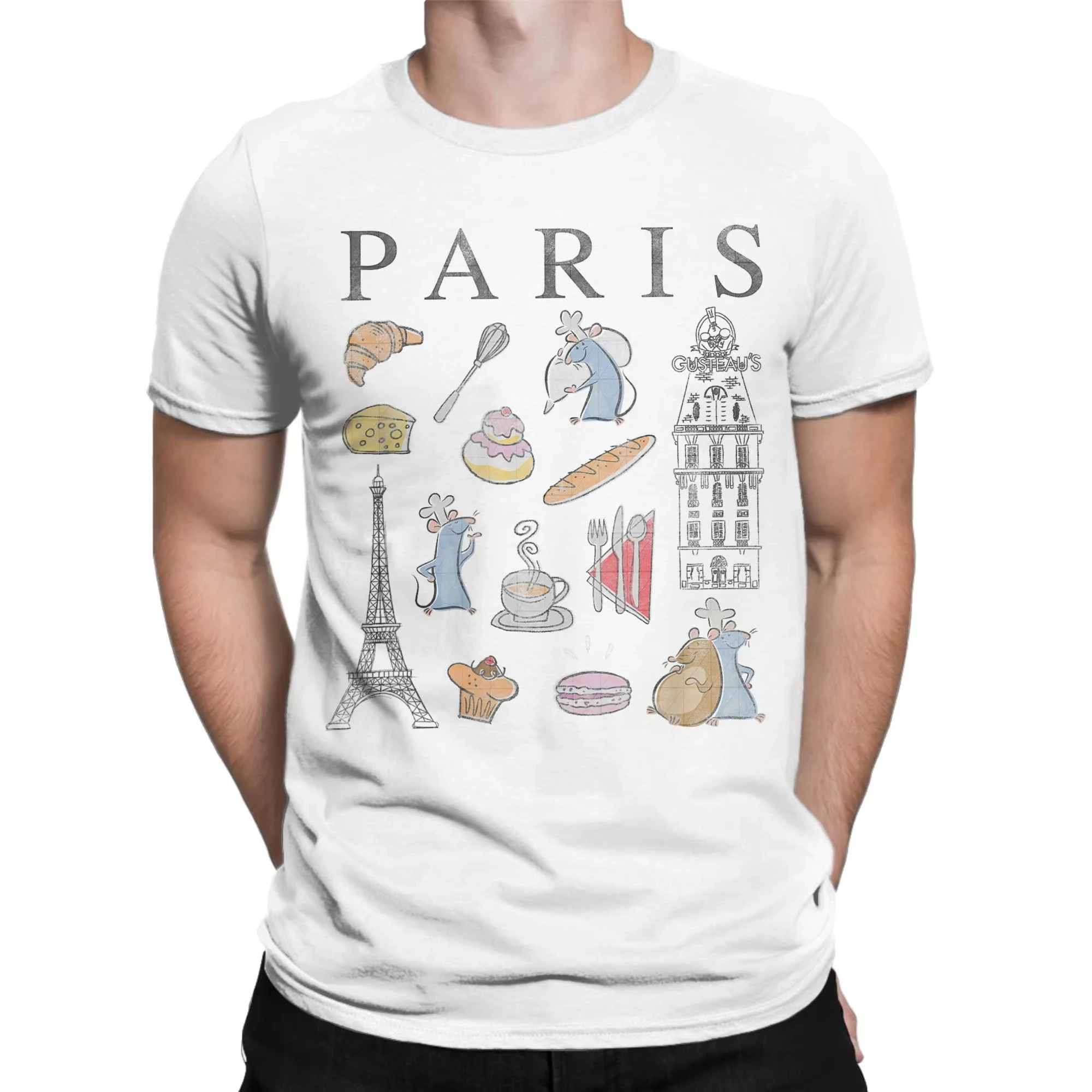 

Ratatouille Paris Food & Places Collage T Shirts Men's Pure Cotton Casual T-Shirts Round Collar France Chef Tees Clothes Classic
