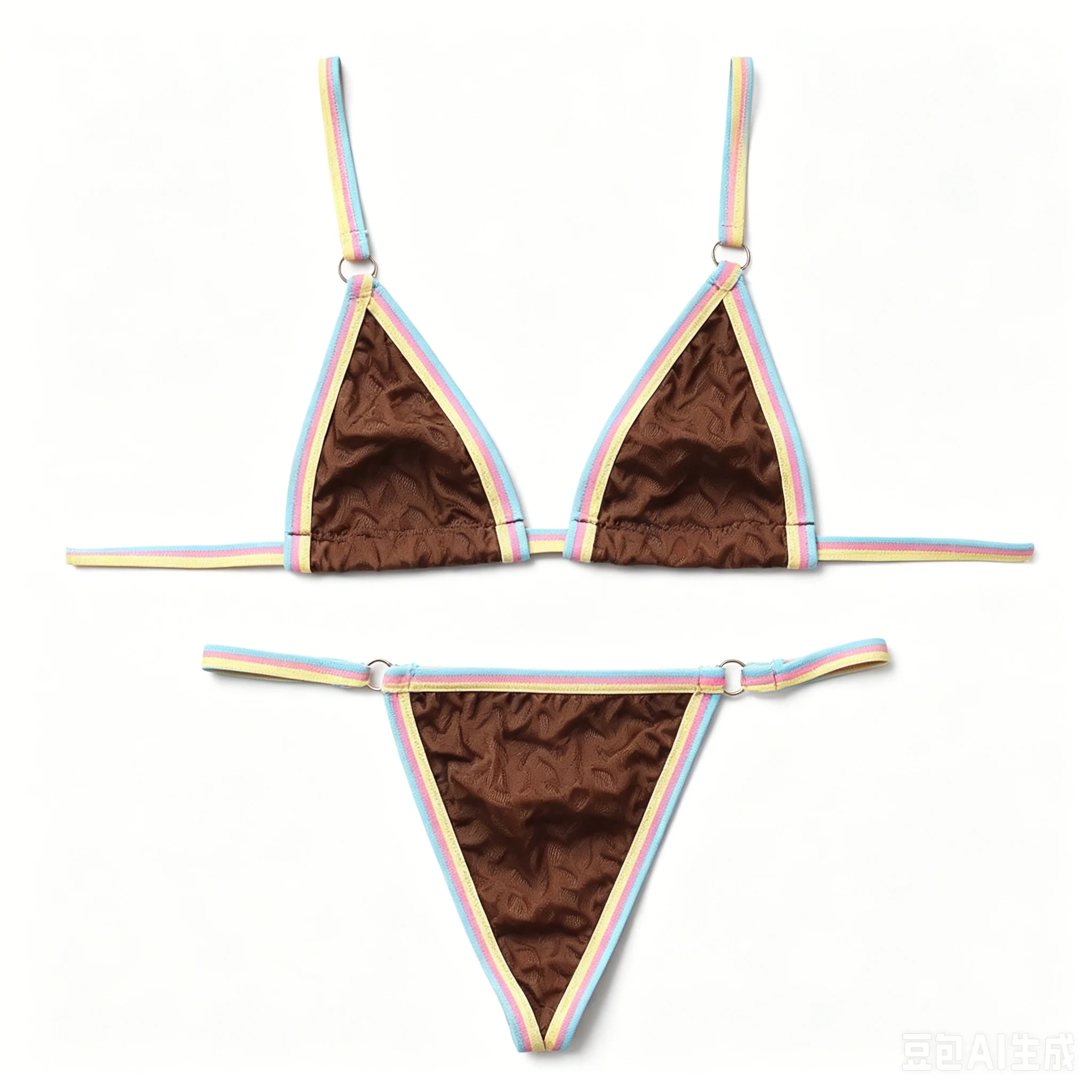 Women Rainbow Trim Halter Bra G-string 2Pcs Lingerie Set Hollow Textured Fabric Micro Bikini Low Waist Sexy Erotic Sleepwear