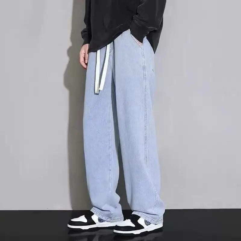 

Korean Solid Colors Men's Casual Long Jeans Classic Man Four Seasons Straight Denim Wide-leg Pants Light Blue Grey Black 3XL