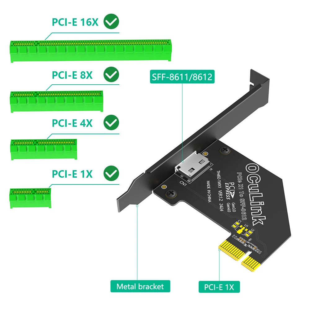 TISHRIC PCIE 1X 4.0 إلى Oculink SFF 8611/8612 محول مع قوس طويل الملف الشخصي PCI Express X4/X1 SSD إلى U.2 SFF-8612 محول