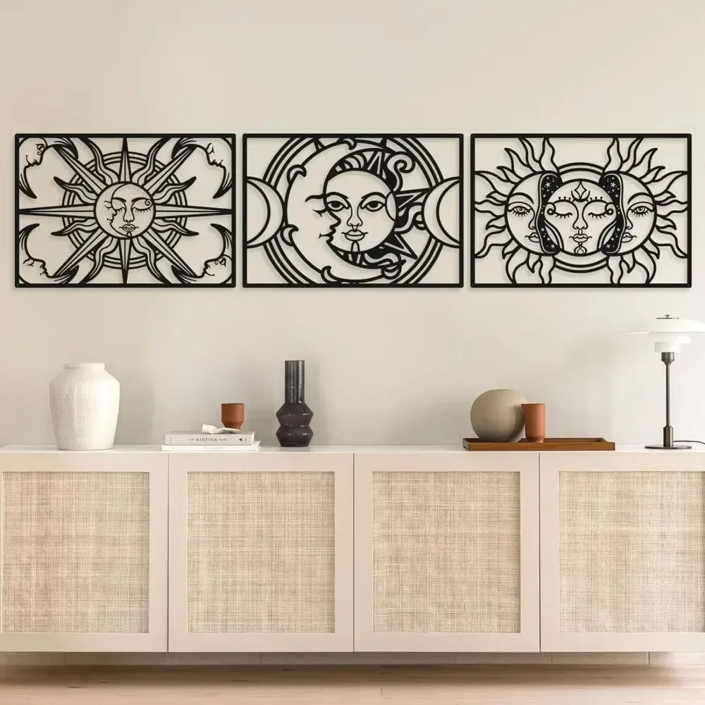 CIFBUY Black Sun Moon Metal Wall Art Durable Rust Proof Indoor Outdoor Home Bohemian Iron Sculpture Decor Gift Plaque