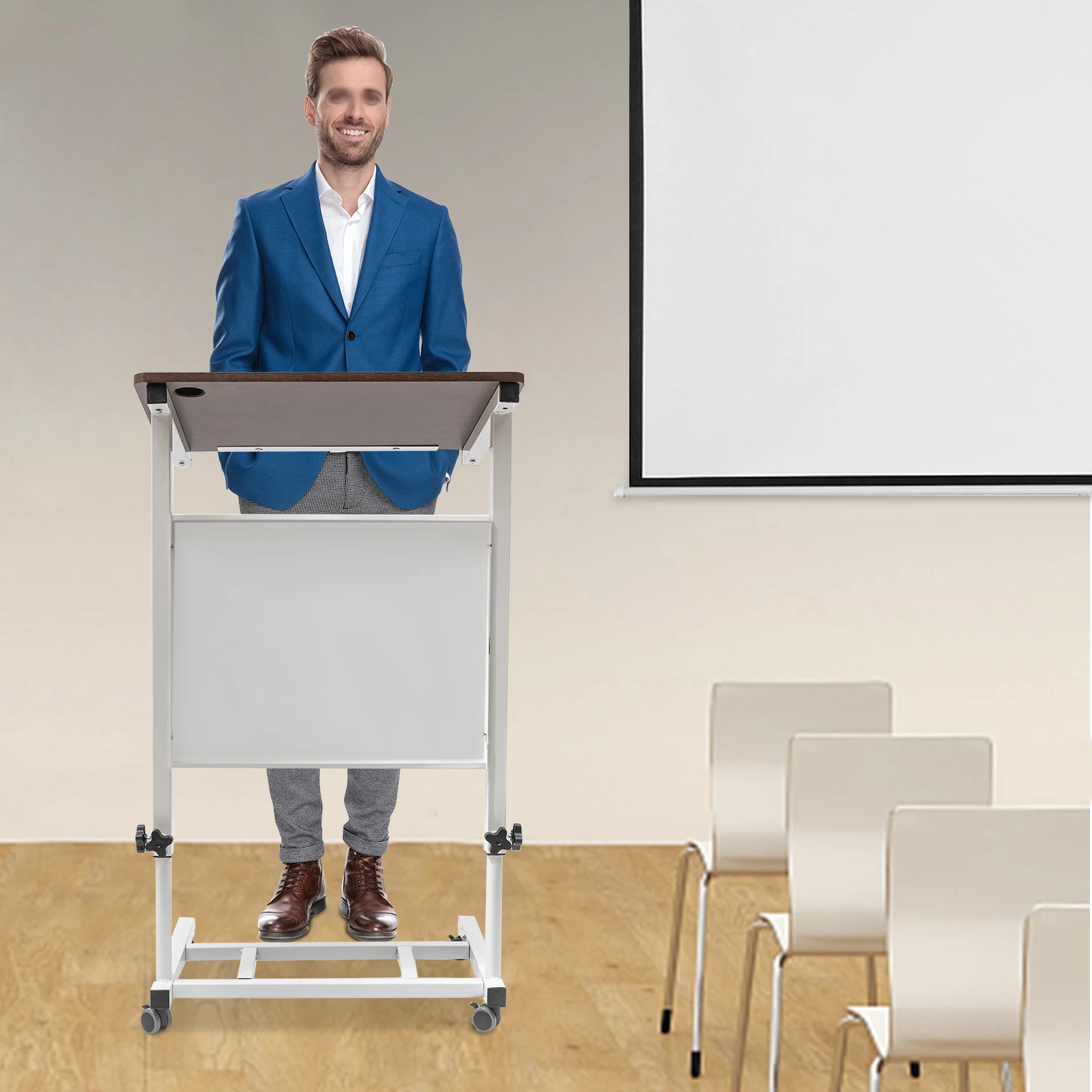

Mobile Standing Podium with Wheels Portable Height Adjustable Multifunctional Office Desk for Home or Church, Simple White