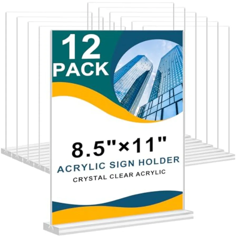 

Acrylic Sign Holder 8.5 x 11 Inch, 12 Pack Clear Display Table Top Signs Stand, Double Sided Vertical Flyer Holder, Plastic Fra