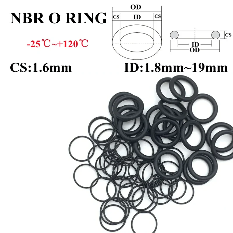 CS 1.6mm 50pcs Rubber O Ring ID 1.8mm~19mm NBR Machine Accessories Rubber Circular Ring Corrosion Oil Resistant Washer