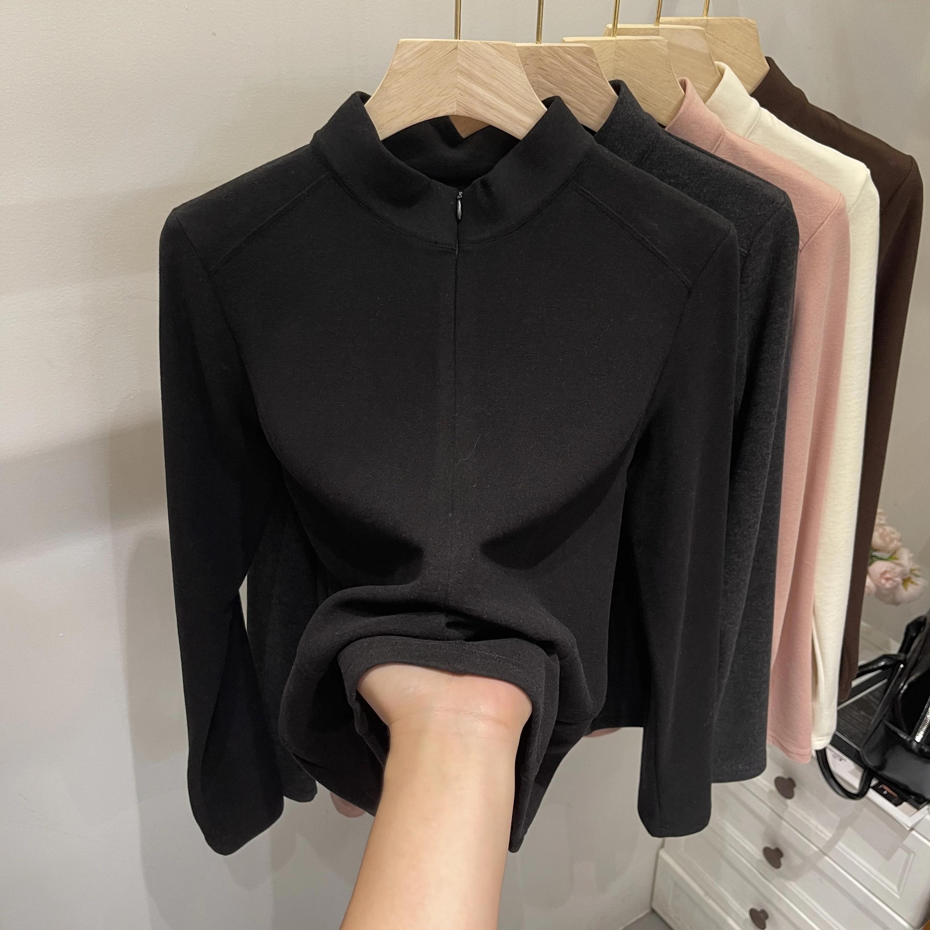 Women Autumn Winter T Shirt Stand Collar Patchwork Half Zip Long Sleeve Thin Fleece Slim Fit Elegant Skin Friendly Top