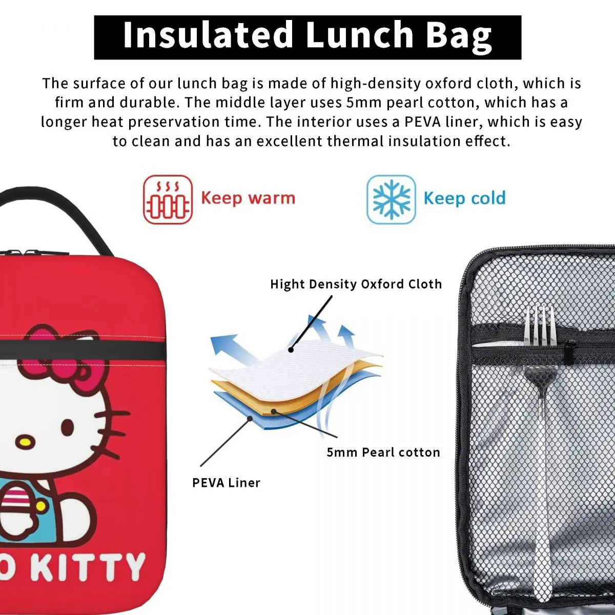 Hello Kitty A Friend To All Insulated Lunch Bags Cooler Bag Reusable Lunch Container Portable Lunch Box Tote Beach Outdoor