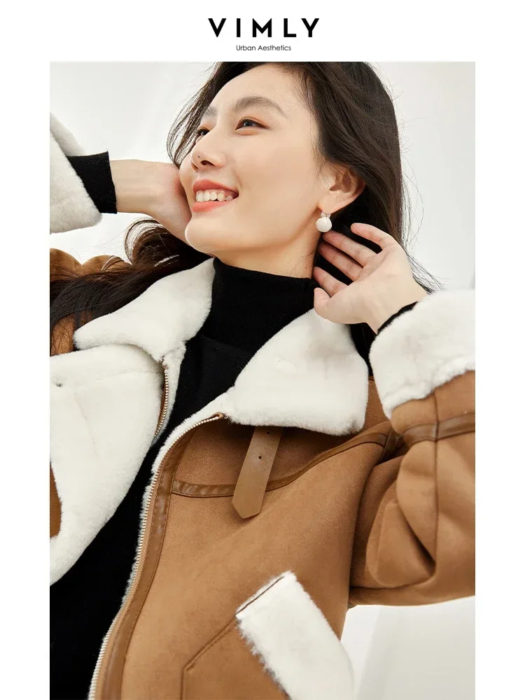 Vimly Double Faced Faux Fur Jacket 2023 Lapel Zipper Long Turn-up Sleeve Contrast Faux Shearling Female Winter Warm Coat 50713