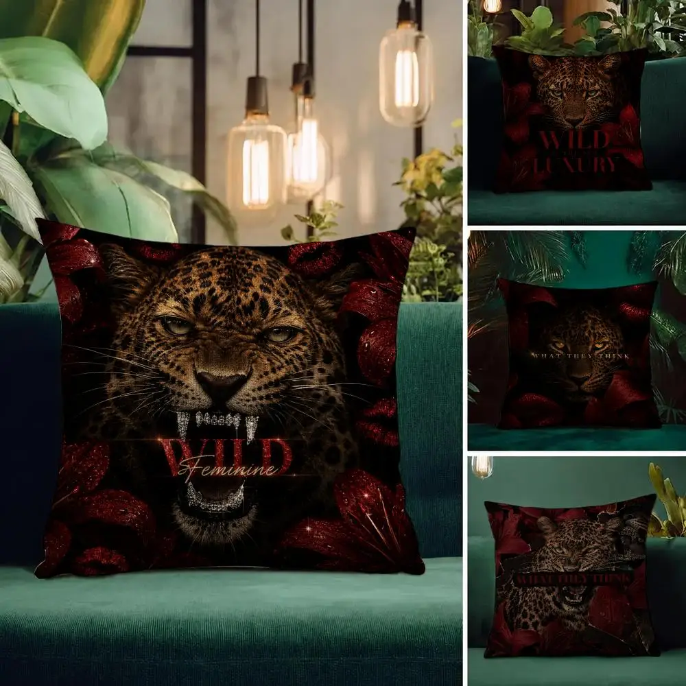 Pattern Wild Leopard Lip Print Cushion Cover Natural Linen Pillowcase Set All-in-One Decor Cushion Cover for Sofa Bedroom Chair