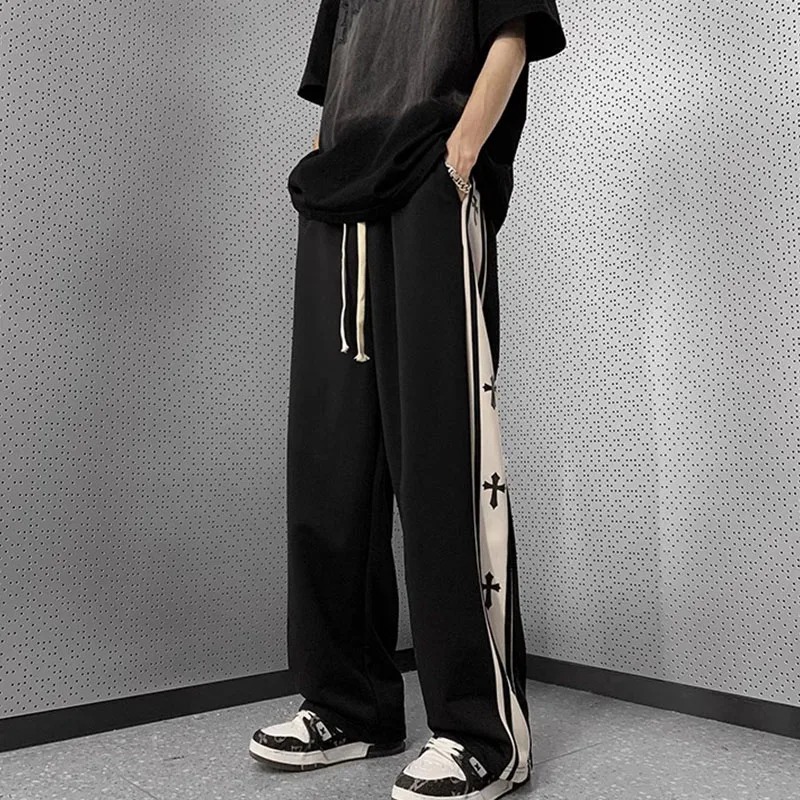 

Spring and summer solid color casual pants boys loose straight underpants youth American side printed tracksuit pants