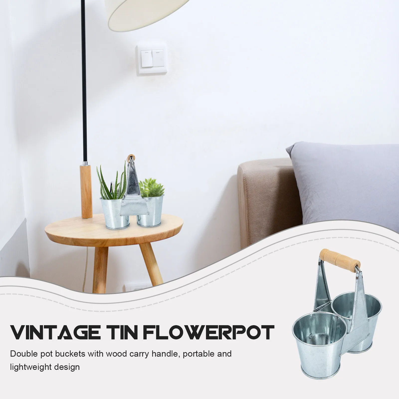 Maceta de Metal de Doble Compartimento con Asa de Madera Natural, Macetero Rústico de Hierro para Flores Frescas, Secas, Suculentas, Hierbas y Cactus