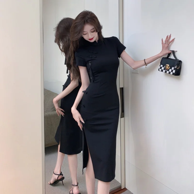 Summer Retro Chinese Dress Black Elegant Traditional Modern Temperament  Long Dress Carnival Dresses Up Outfit Party