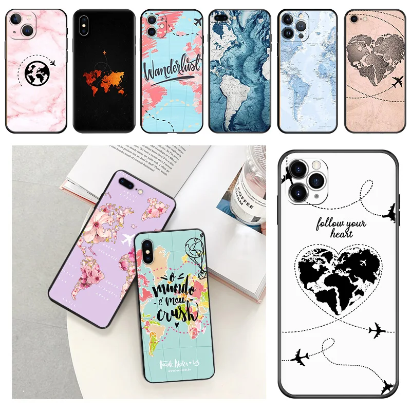Чехлы для телефонов iphone 15Pro XS Max 11 12 13 14 Pro 7 8 15 Plus Mini SE X XR карта мира защитный чехол для камеры для путешествий
