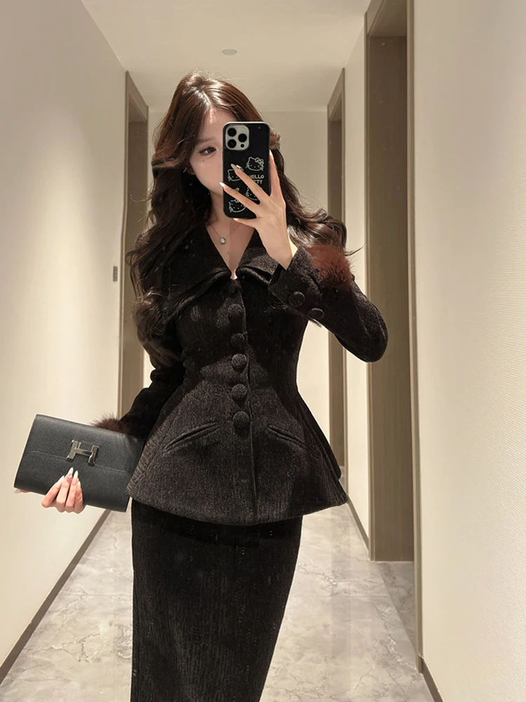 plus Size Hepburn Style Women's Suit Jacket High Waist Pencil Skirt Two Piece Set Fashionable Commute Korean Style Polyester