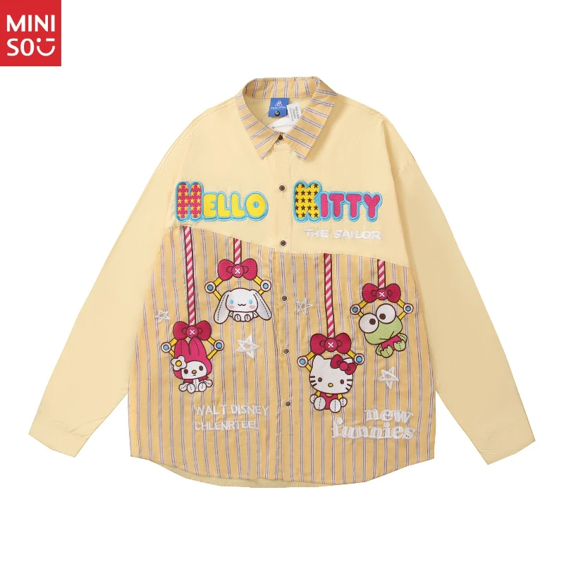 

American Retro Fun Cartoon Embroidery Color Block Long Sleeve Shirt Unisex Autumn Loose Fashion