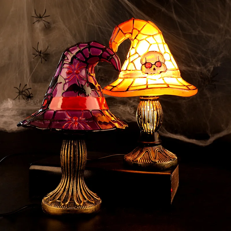 Halloween Resin Witch Hat Night Light Painted Wizard Hat Small Table Lamp Desktop Party Ambient Decoration Ornament