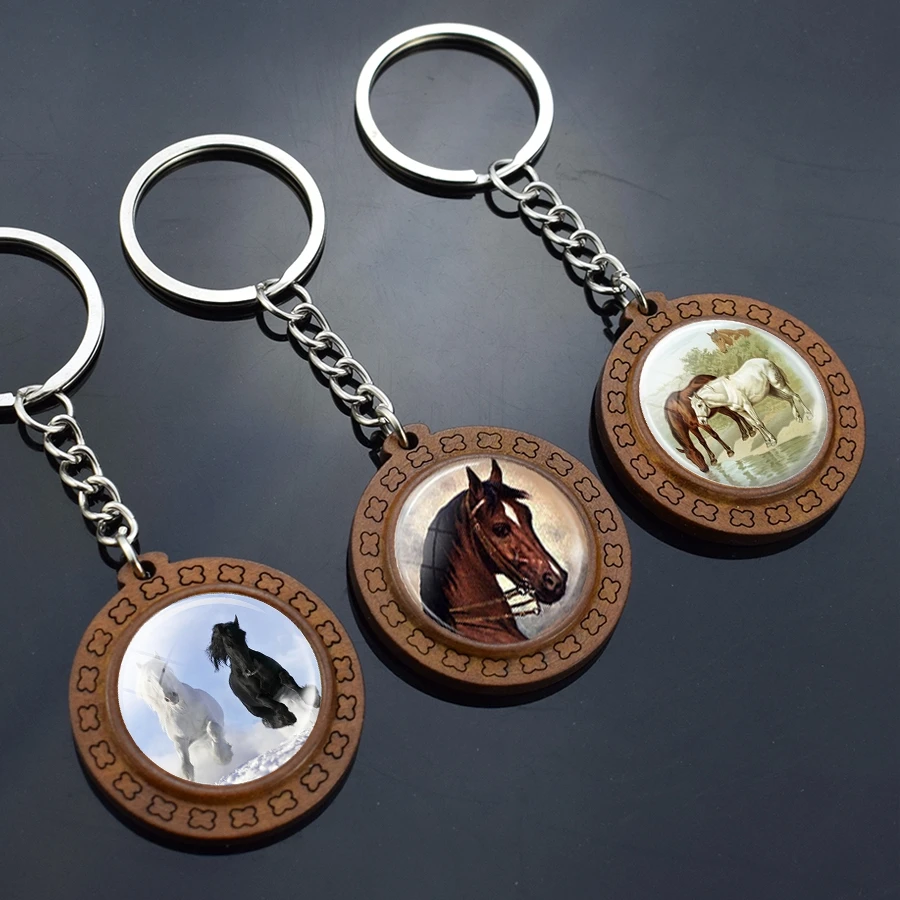 Horse Wooden Keychain Horse Picture Glass Cabochon Keychain Wooden Jewelry Aanimal Key Pendant Christmas Gifts Dropshipping