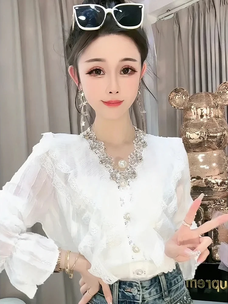 Fashionable Feminine Socialite Lace Shirt Women's 2024 Spring New High-End Rhinestone Design V-neck Long Sleeve Solid Color Top