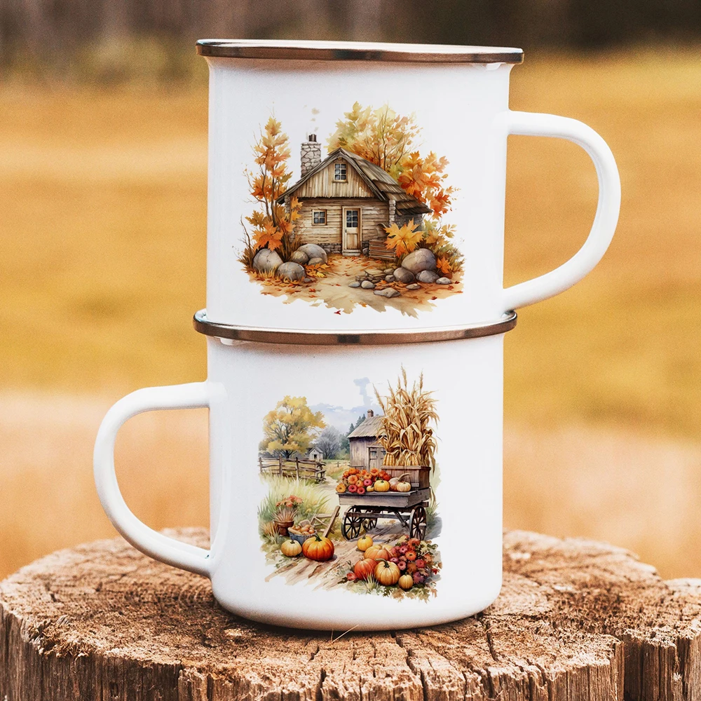 Blatt Kürbis Bauernhof bedruckte Tasse Kaffeetasse Herbst Thanksgiving Party Dekor Tassen Emaille Tassen Herbst Urlaub Geschenk für Familie Freunde