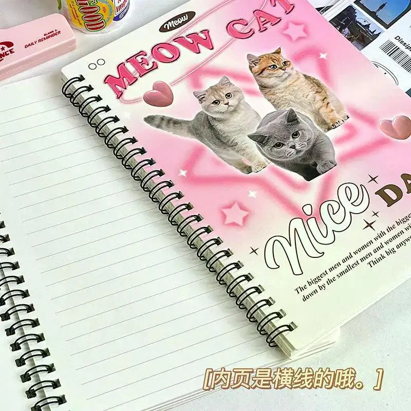 2023 Ins Notebook Creative Cute Cartoon Bear Kitten Horizontal Line Korean Style Coil A5 Scrapbook Journal Student Supplies