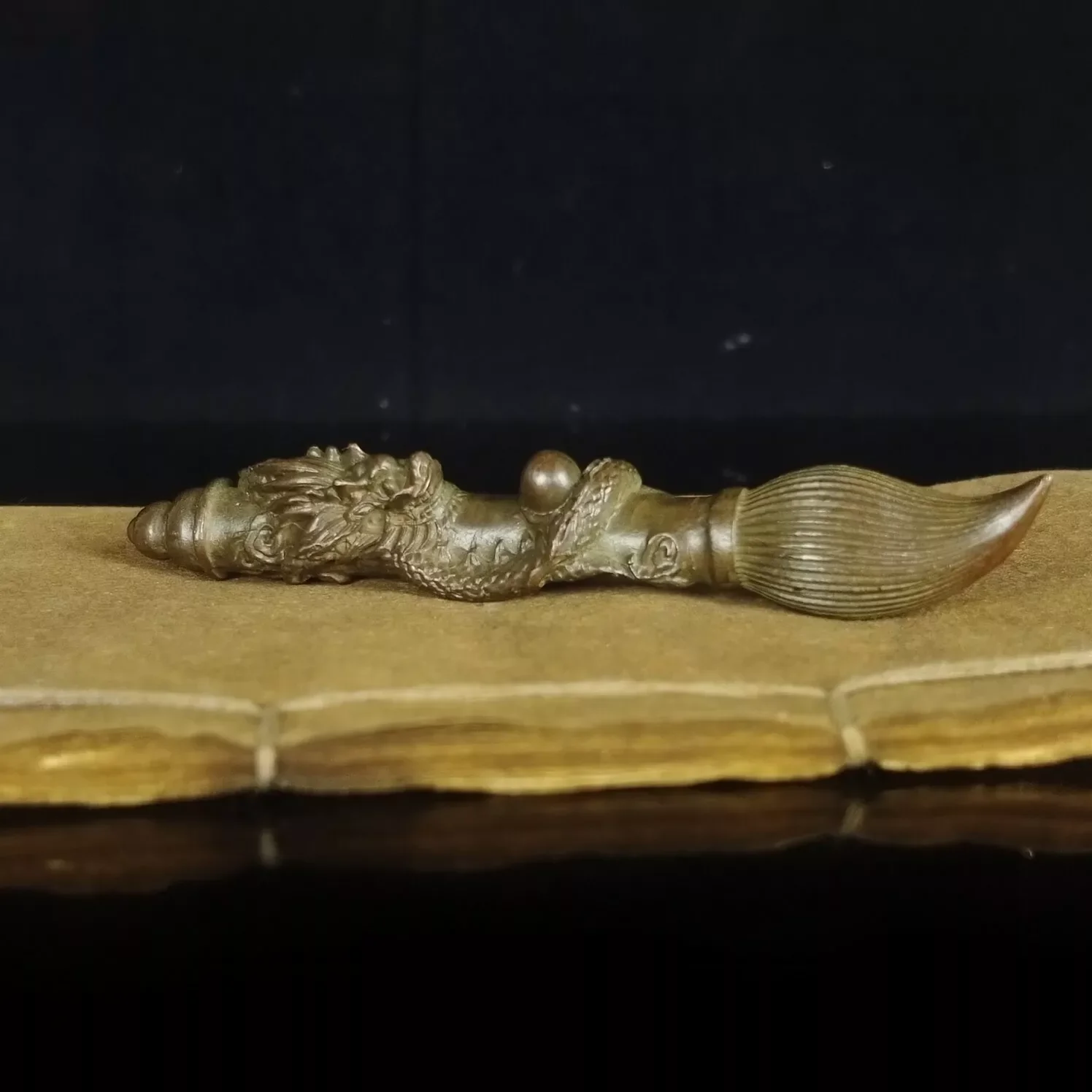 Chinese Antique Bronze Pan Dragon Pen Ornament Statue