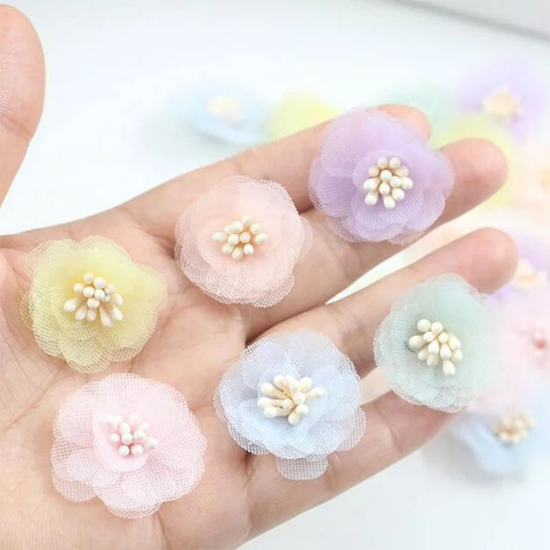 10/20Pcs Chiffon Gauze Artificial Flowers DIY Headwear Wedding Decorations Fake Flowers Clothes Crafts Hairpin Corsage Accessory