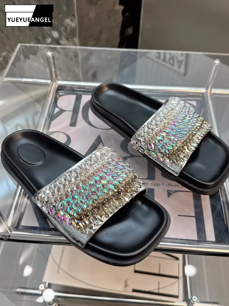 New Fashion Summer Shiny Diamonds Women Slippers Open Toe Comfortable Flats Colorful Crystal Holiday Beach Shoes Slip On Slides