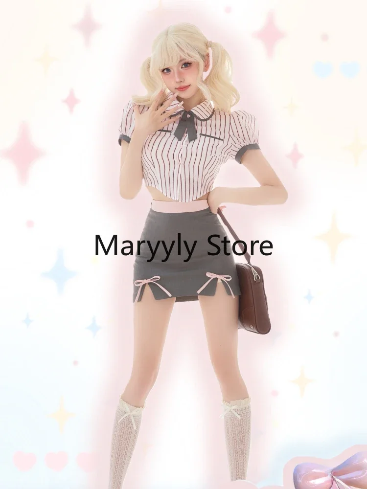 Casual Japanese Y2k Party Suits Style Women Striped Short Sleeve Blouse + Bodycon Mini Skirts 2023 Summer Kawaii Clothing Outfit